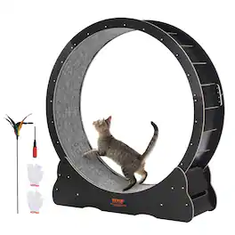 VEVOR - Wooden Cat Exercise Wheel, 43.3" Large Cat Treadmill Wheel for Indoor Cats, Cat Running Wheel with Detachable Carpet - Black