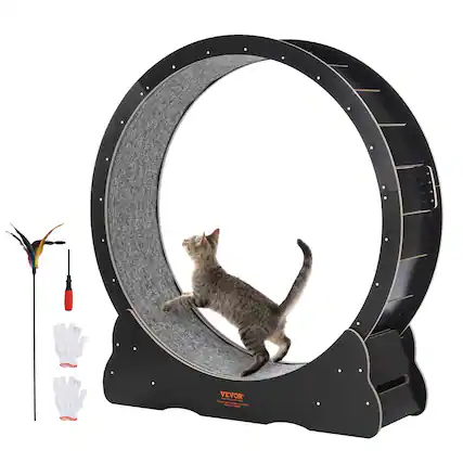 Front. VEVOR - Wooden Cat Exercise Wheel, 43.3" Large Cat Treadmill Wheel for Indoor Cats, Cat Running Wheel with Detachable Carpet - Black.
