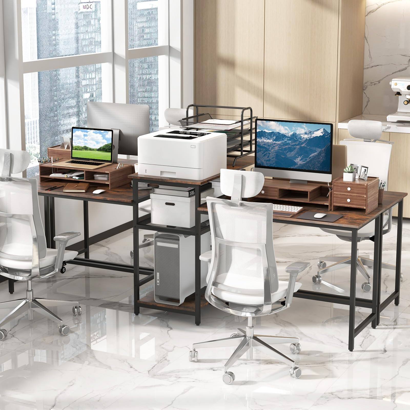 Alt View 1. Ecooso - 2-Person Computer Desk with Power Outlet, Printer Stand Workstation for Home Office Setup - Rustic Brown  Black.