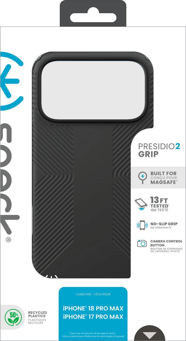 PRESIDIO2 GRIP BUILT FOR MAGSAFE  
13 FT TESTED 4M TEST  
NO-SLIP GRIP  
CAMERA CONTROL BUTTON  
1 CASE FOR 1 TUI POUR  
50% RECYCLED PLASTICS  
iPHONE 18 PRO MAX iPHONE 17 PRO MAX  
"Case may not prevent all damage to device"