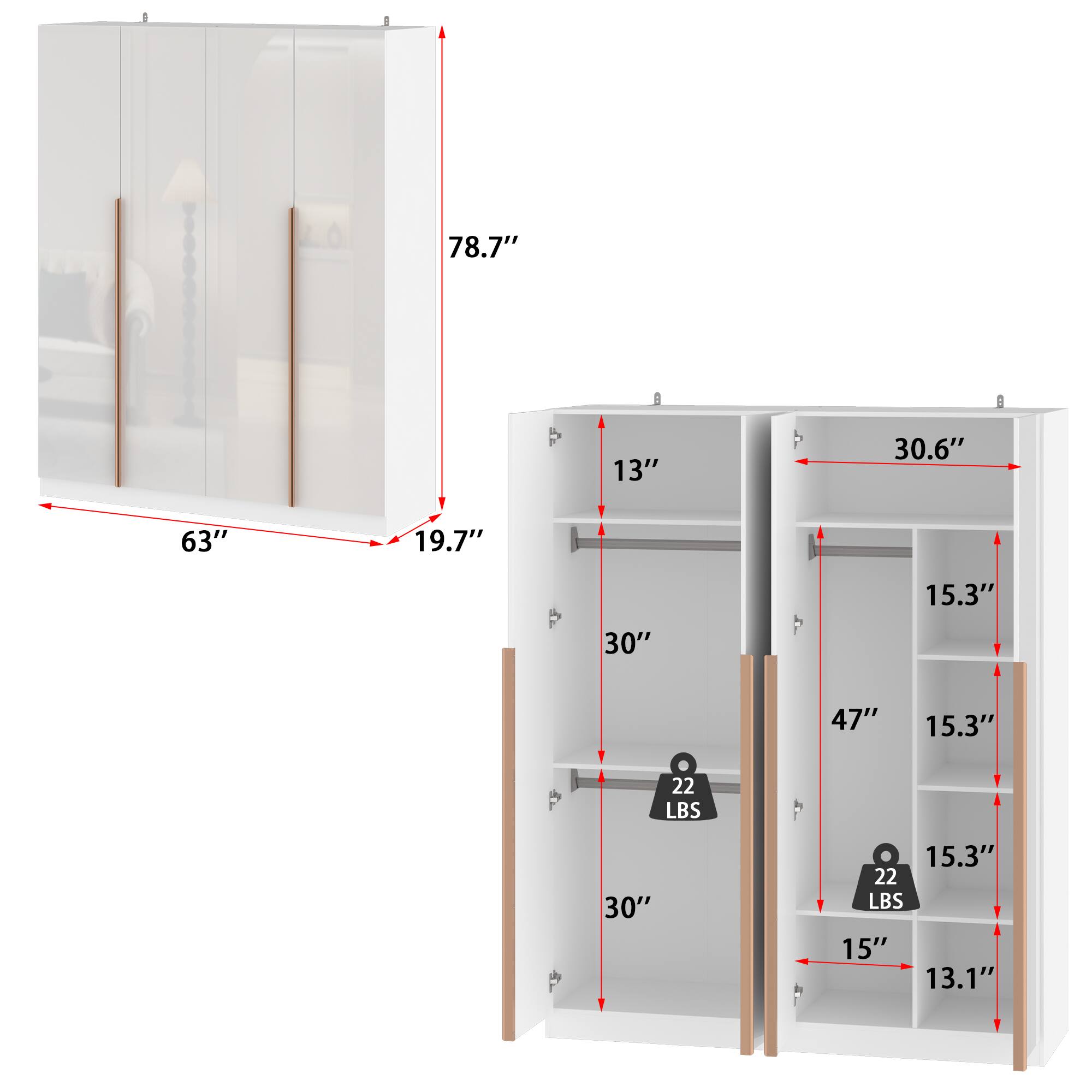 78.7"  
63"  
19.7"  
13"  
30.6"  
30"  
47"  
15.3"  
15.3"  
15"  
13.1"  
22 LBS  
22 LBS