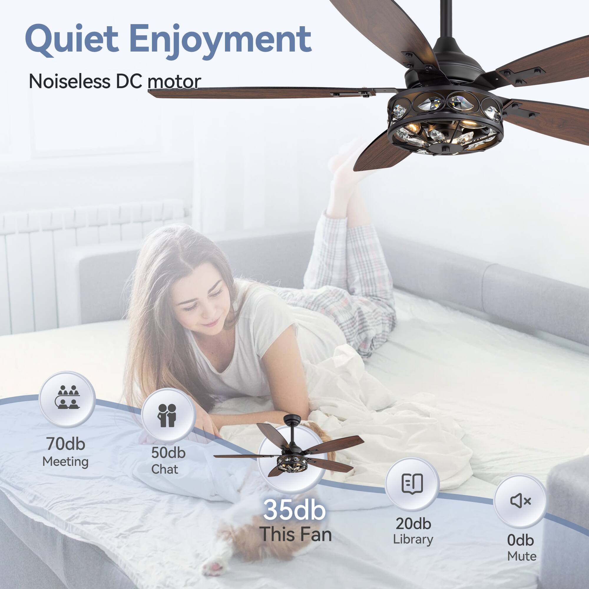 Quiet Enjoyment, Noiseless DC motor, 70db Meeting, 50db Chat, 35db This Fan, 20db Library, 0db Mute