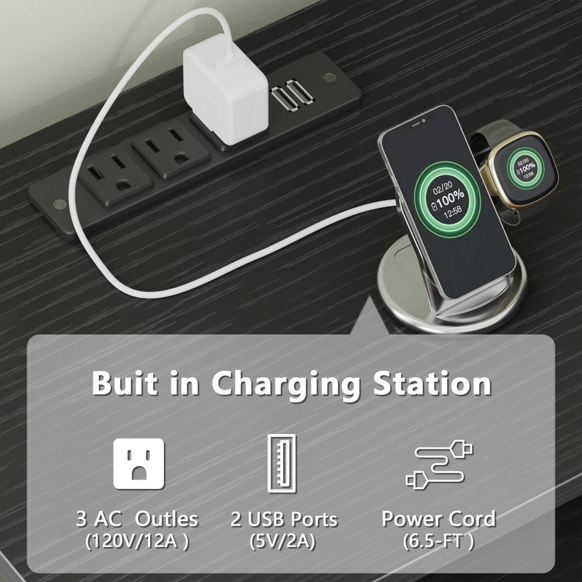 00 BB  
02/20 100% 12:58  
B100% 02/20 12:58  
Buit in Charging Station  
3 AC Outlets (120V/12A)  
2 USB Ports (5V/2A)  
Power Cord (6.5-FT)