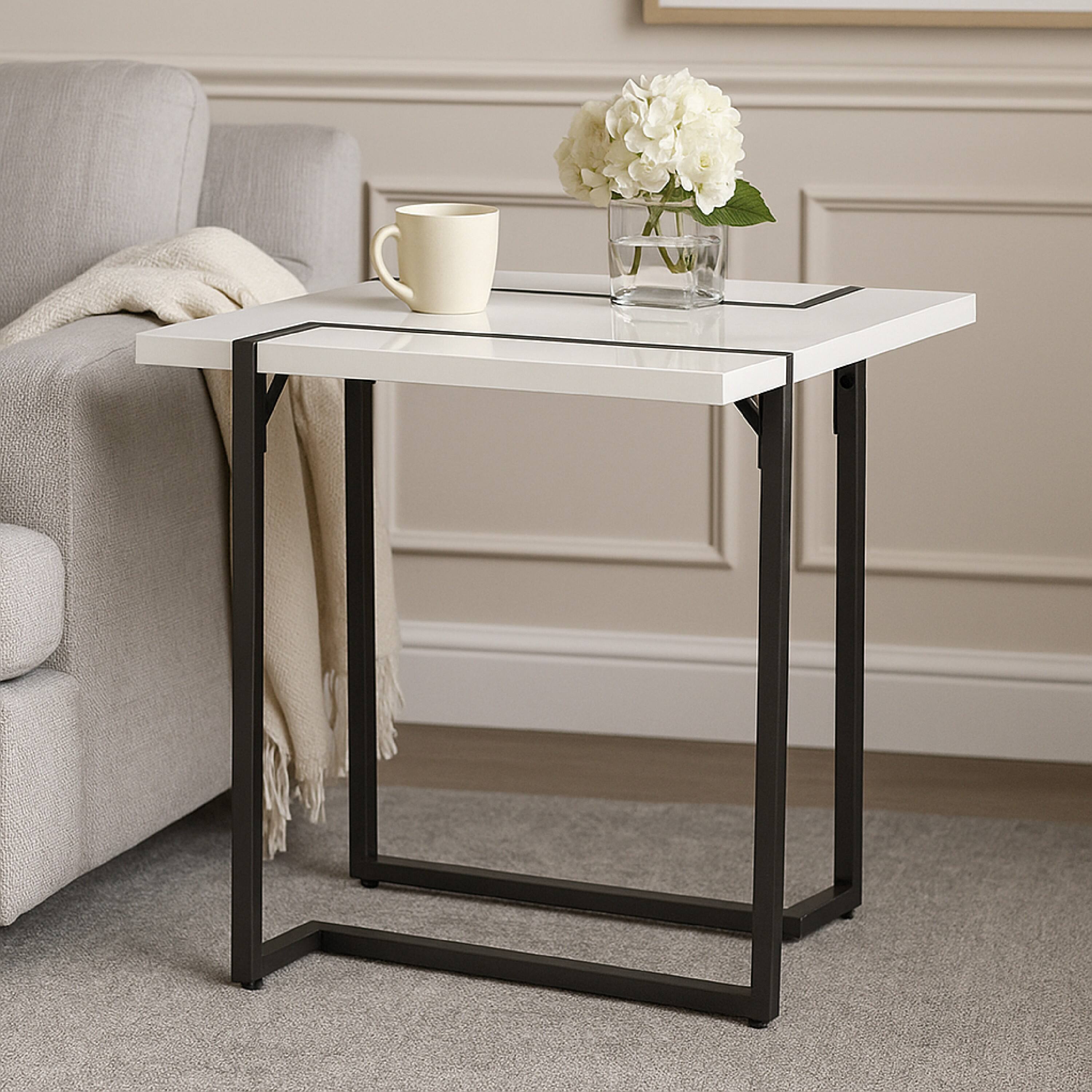 Alt View 5. Manhattan Lane - Iry Side End Table, Black Steel Sled Base, 22 Inch - White, Black.