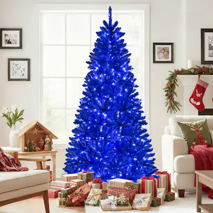 Front. Gymax - Gymax 7 FT Artificial Christmas Tree w/900 Branch Tips 340 LED Lights 3 Lighting Modes Outdoor Royal Blue - Blue.