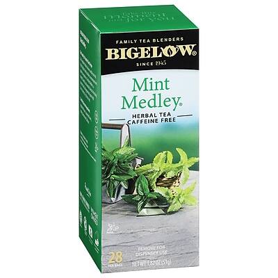 Sure, here is the corrected and grouped text:

---

**Bigelow Tea**

**Family Tea Blenders Since 1945**

**Mint Medley**  
Herbal Tea  
Caffeine Free

**28 Tea Bags**

**Net Wt. 1.32 oz (37g)**

**Enjoy Your Tea**

**Remove for Dispensing**

---