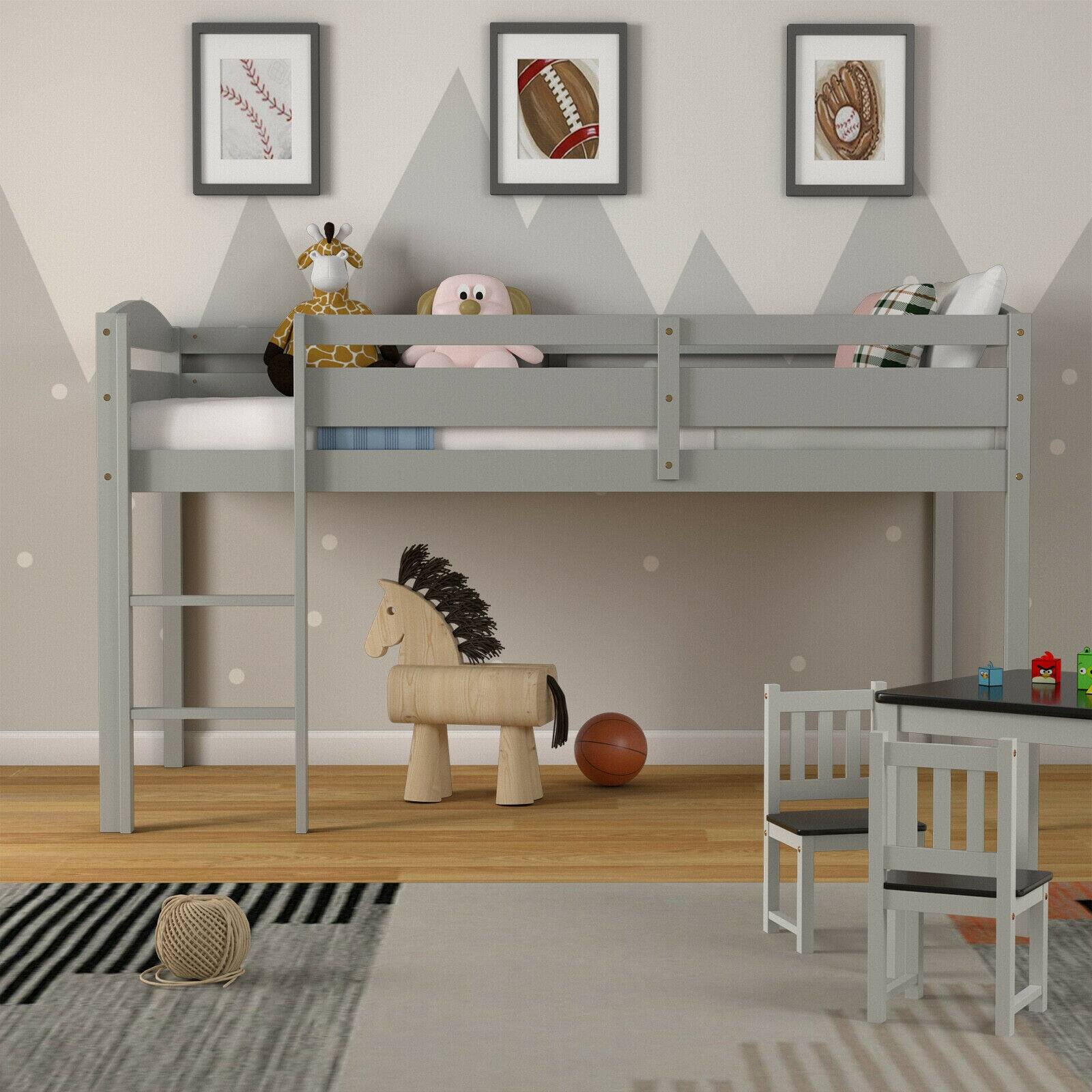 Alt View 8. Sugift - Wooden Twin Low Loft Bunk Bed with Guard Rail and Ladder - Grey.