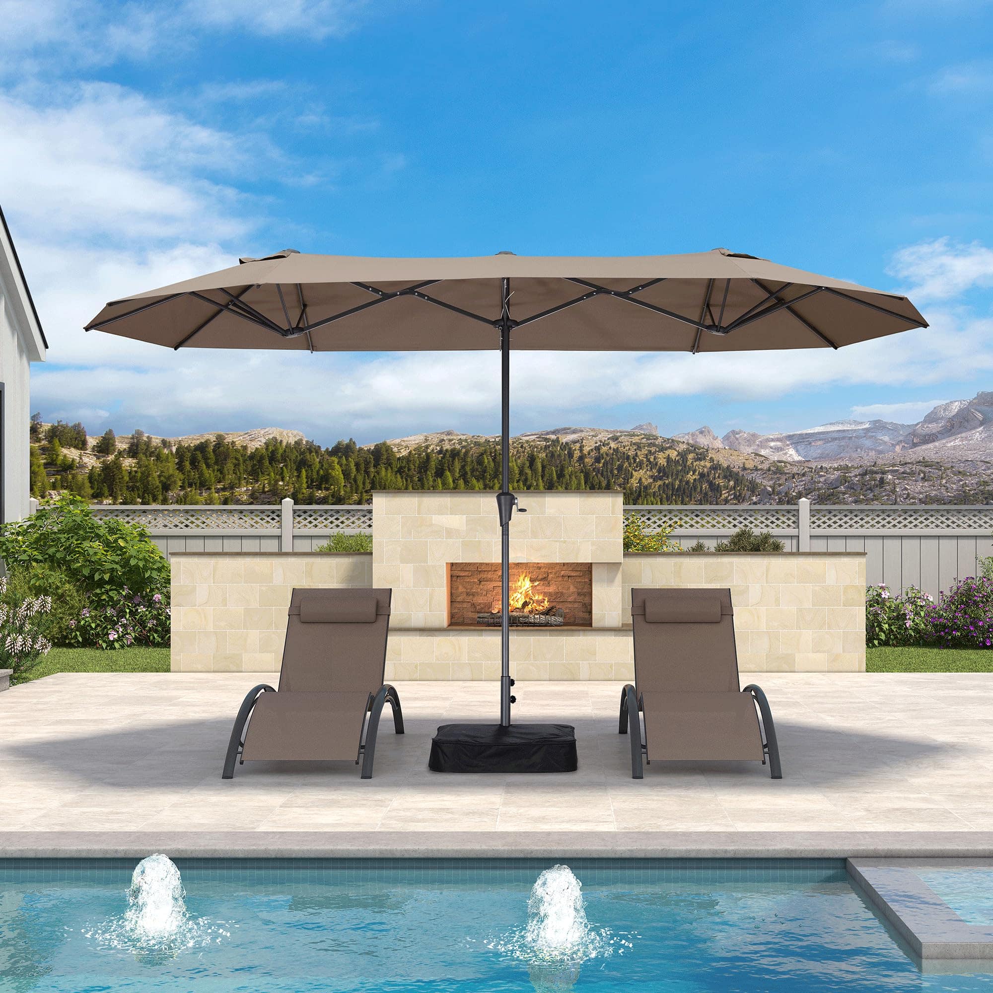 Front. PURPLE LEAF - 13 ft. Patio Market Umbrella with Base Double-Sided Outdoor Table Sun Umbrellas with Crank for Pool Beach Deck Backyard - Taupe.