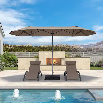 Front. PURPLE LEAF - 13 ft. Patio Market Umbrella with Base Double-Sided Outdoor Table Sun Umbrellas with Crank for Pool Beach Deck Backyard - Taupe.