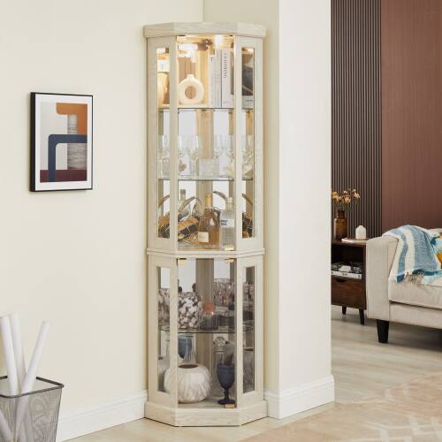 Left. LUCKY ONE - 15.31in Freestanding Corner Curio Cabinet with Glass Shelves LED Light Display for Wine Bar Collectibles - Antique White.