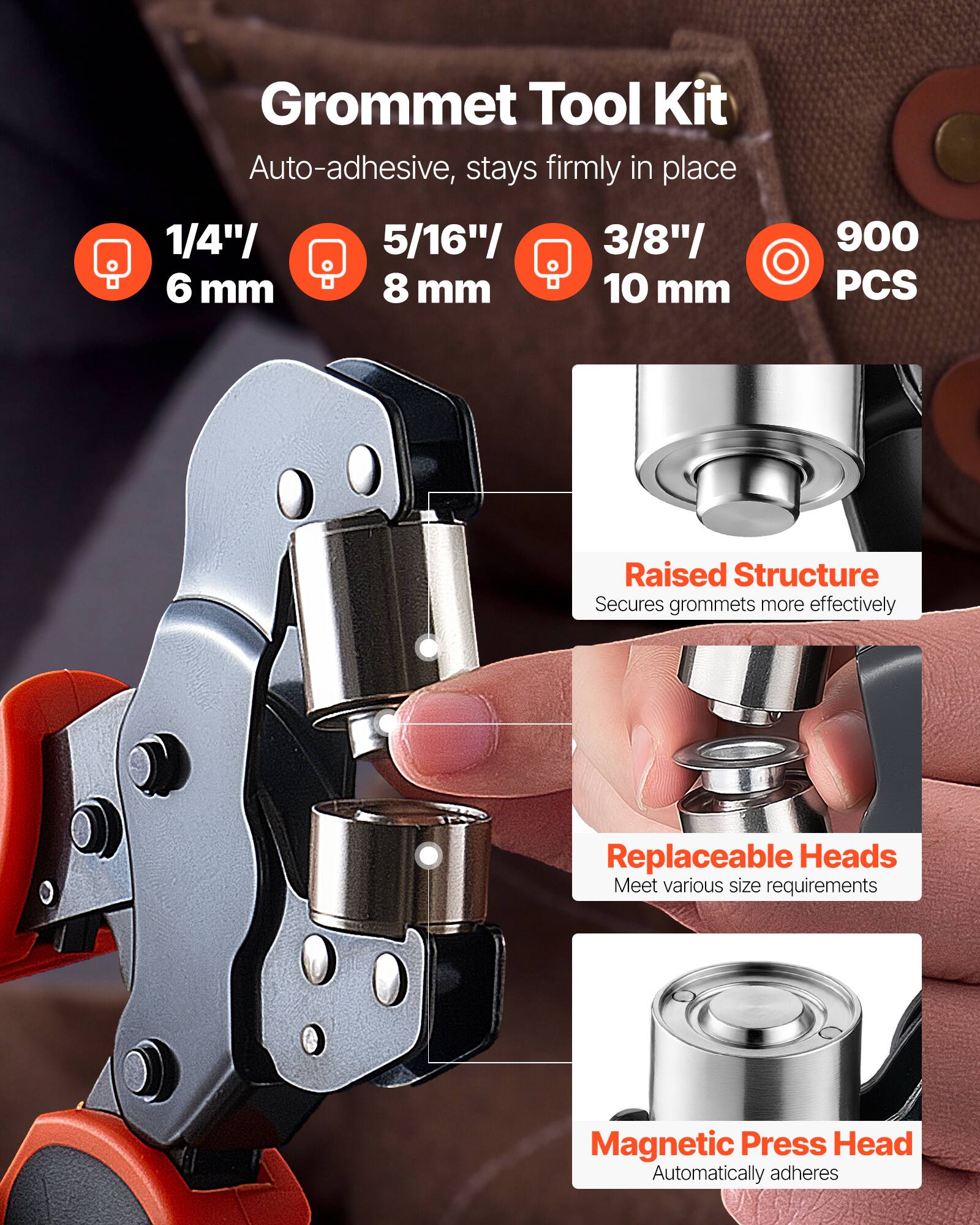 Grommet Tool Kit Auto-adhesive, stays firmly in place

1/4" / 6 mm
5/16" / 8 mm
3/8" / 10 mm

900 PCS

Raised Structure Secures grommets more effectively

Replaceable Heads Meet various size requirements

Magnetic Press Head Automatically adheres