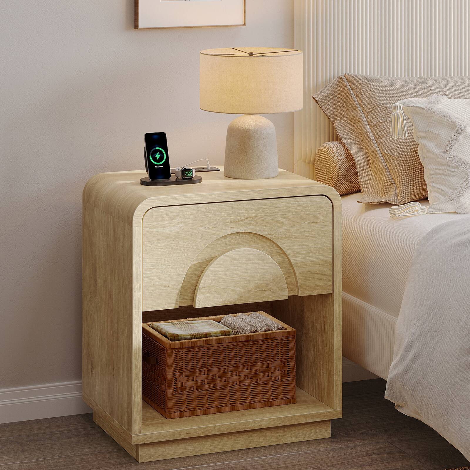 Angle. Bestier - Nightstand with Charging Station & Open Shelf, Modern Bedside Table End Table for Bedroom Living Room - Set of 2-Natural Oak.