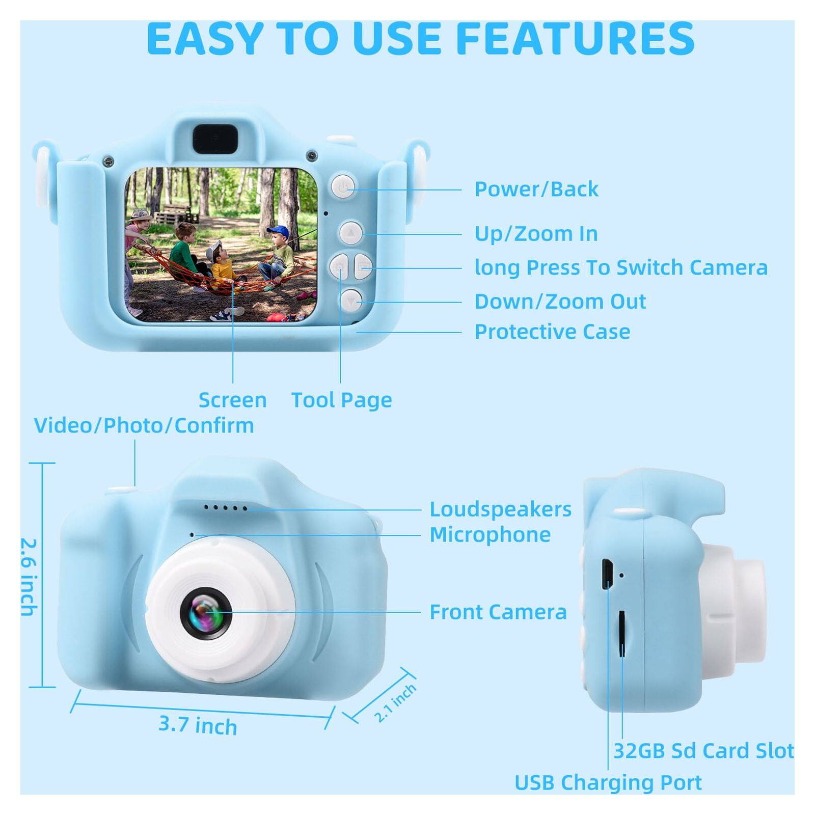 EASY TO USE FEATURES

- Power/Back
- Up/Zoom In
- long Press To Switch Camera
- Down/Zoom Out
- Protective Case
- Screen
- Tool Page
- Video/Photo/Confirm
- 2.6 inch
- 3.7 inch
- Loudspeakers
- Microphone
- Front Camera
- 2.1 inch
- 32GB Sd Card Slot
- USB Charging Port
