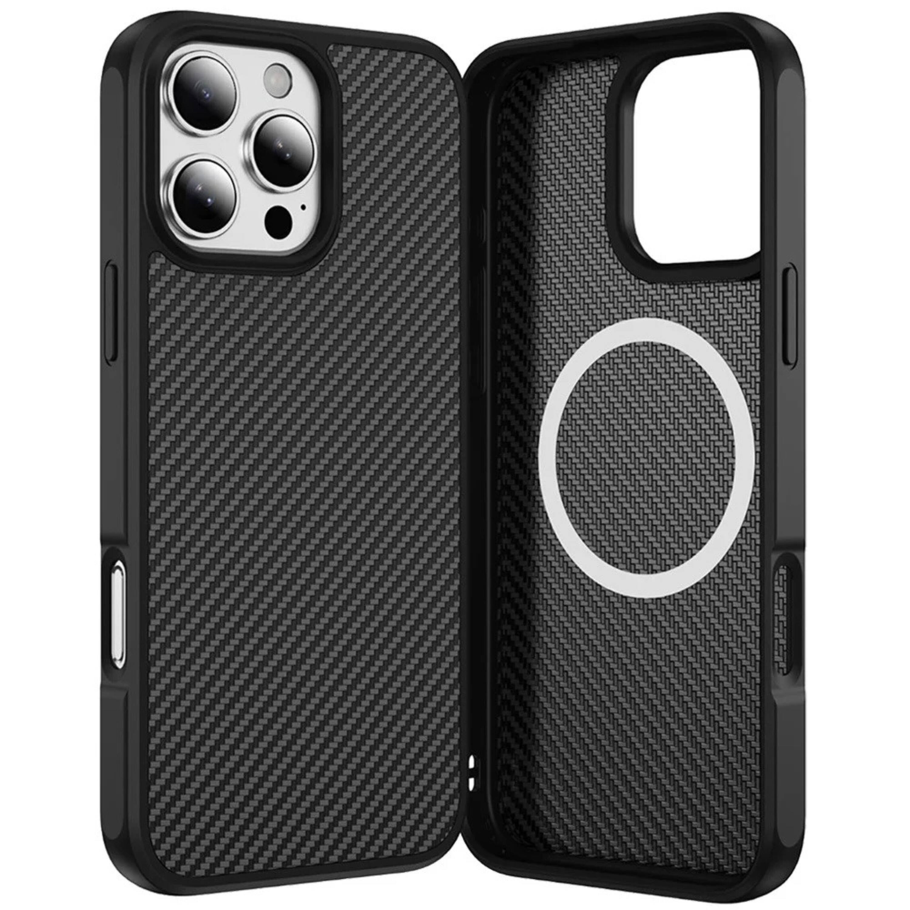 Left. Kitcheniva - Carbon Fiber Print Hidden Magnetic Circle Phone Case With Tempered Glass For iPhone 16 Pro Max Dark Purple - Dark Purple.