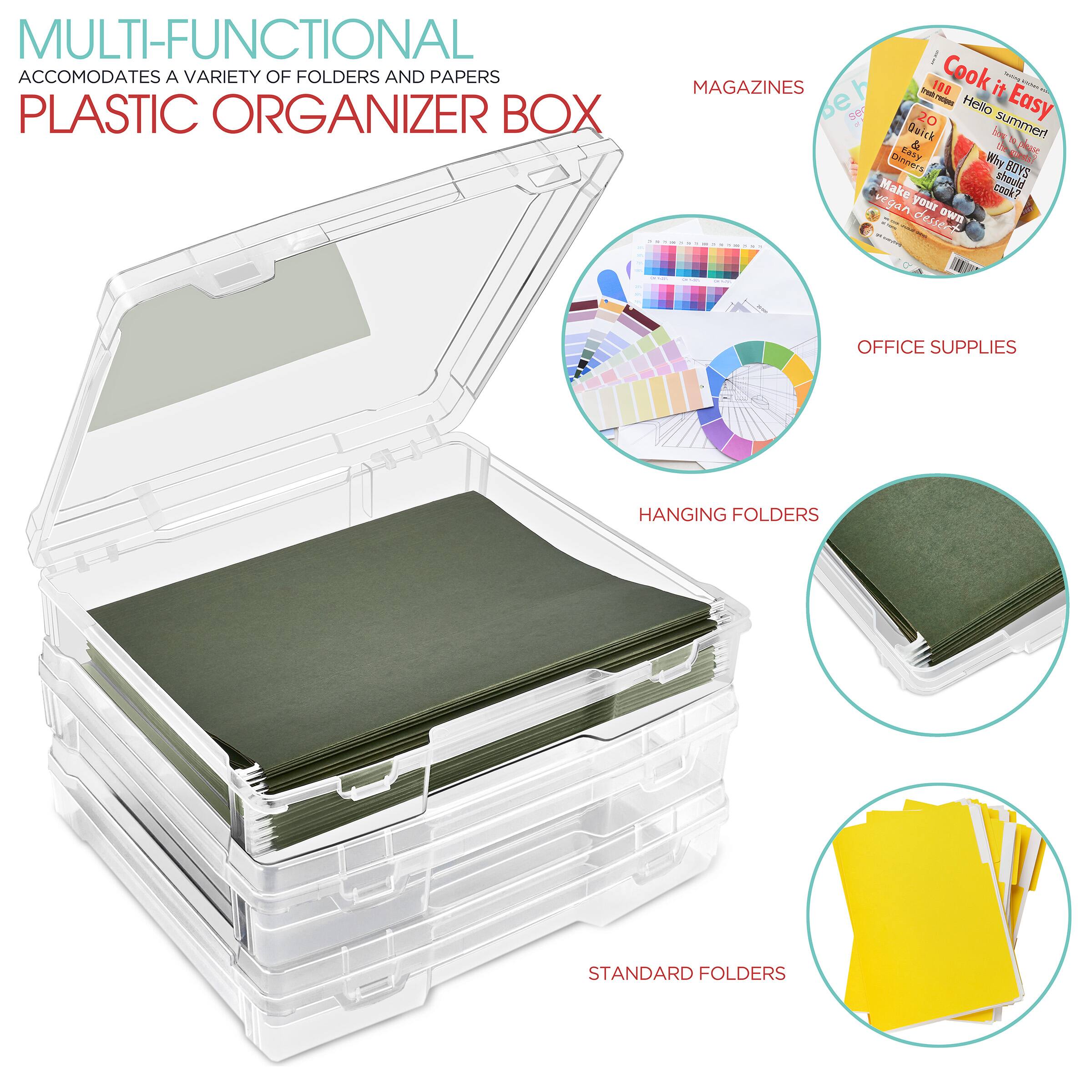 MULTI-FUNCTIONAL  
ACCOMMODATES A VARIETY OF FOLDERS AND PAPERS  
PLASTIC ORGANIZER BOX  

MAGAZINES  
OFFICE SUPPLIES  
HANGING FOLDERS  
STANDARD FOLDERS