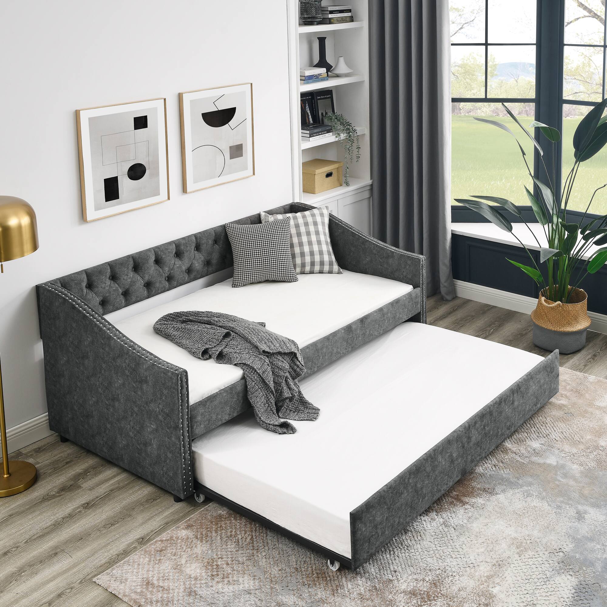 Angle. Tiramisubest - Twin Size Daybed with Twin Size Trundle Upholstered Tufted Sofa Bed, Grey (80.5"x41"x30.5") - Grey.