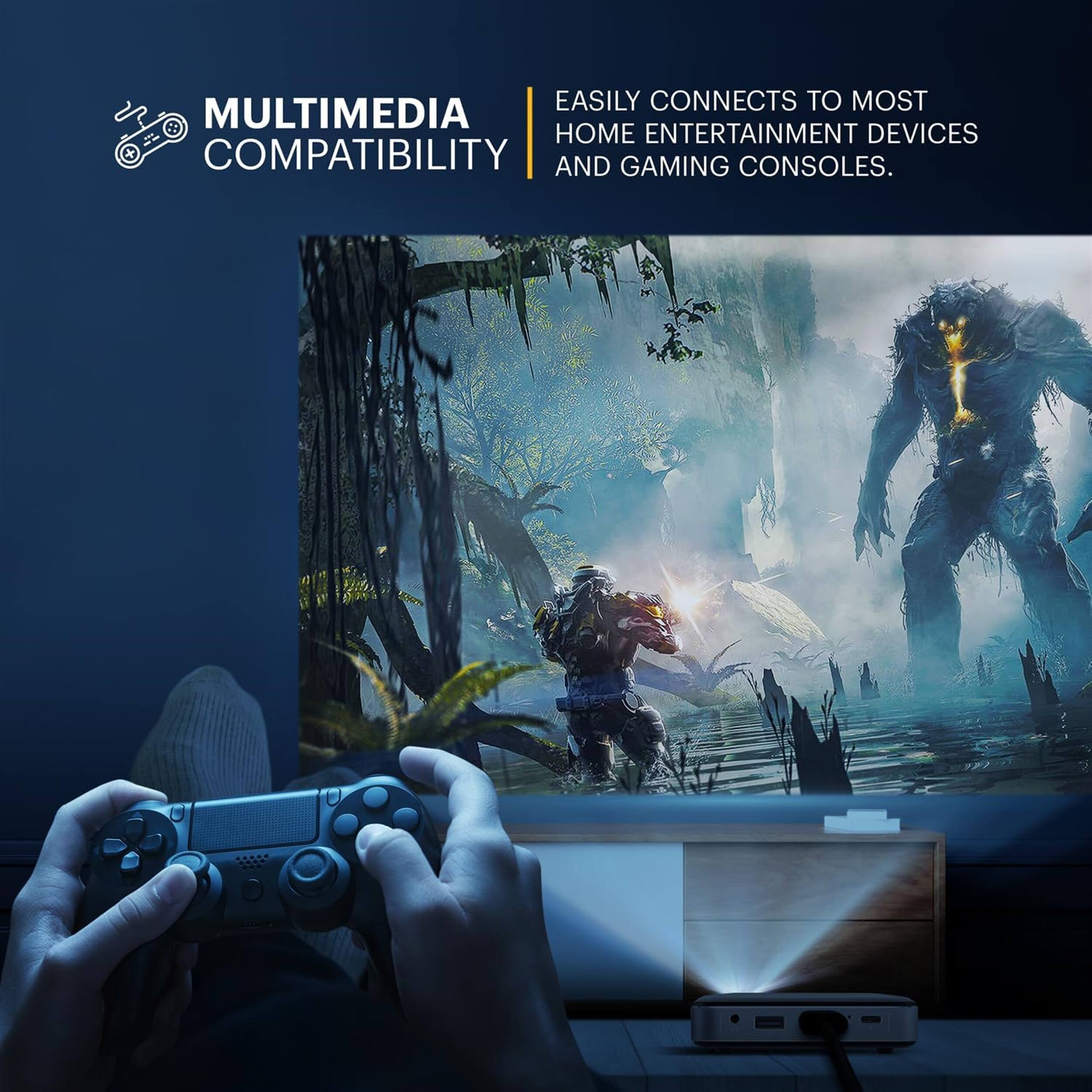 EASILY CONNECTS TO MOST HOME ENTERTAINMENT DEVICES AND GAMING CONSOLES. MULTIMEDIA COMPATIBILITY
