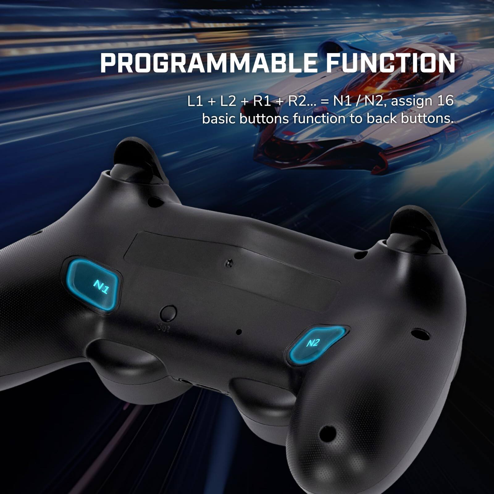 PROGRAMMABLE FUNCTION

L1 + L2 + R1 + R2... = N1 / N2, assign 16 basic buttons function to back buttons.