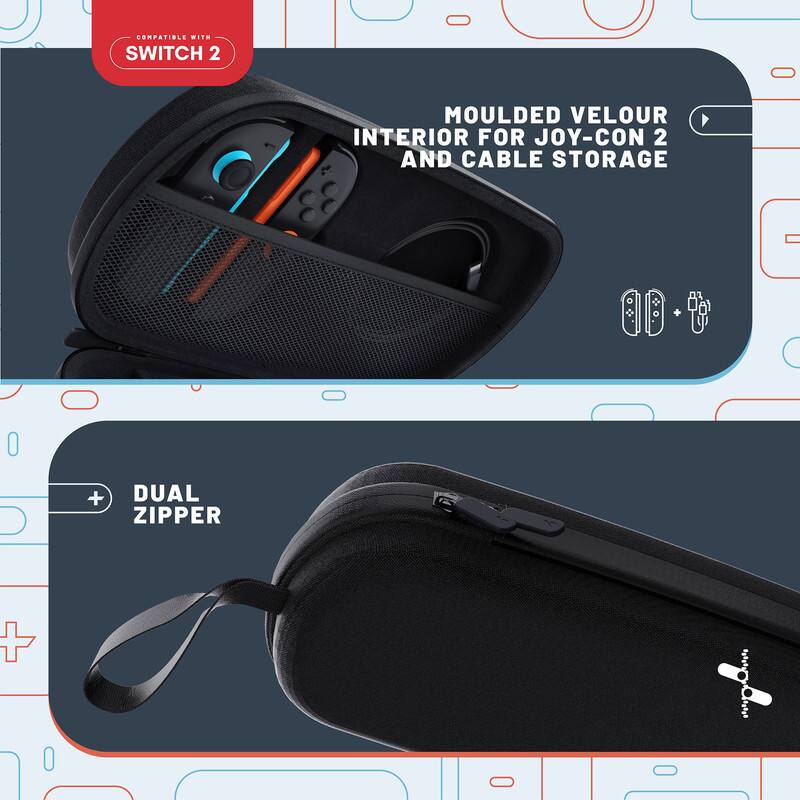 COMPATIBLE WITH SWITCH 2

MOULDED VELOUR INTERIOR FOR JOY-CON 2 AND CABLE STORAGE

DUAL ZIPPER