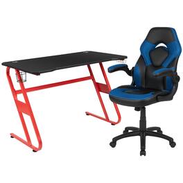 Emma + Oliver - Gaming Desk and Racing Chair Set with Cup Holder and Headphone Hook - Blue