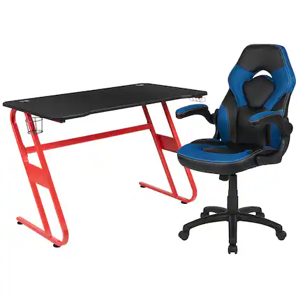 Front. Emma + Oliver - Gaming Desk and Racing Chair Set with Cup Holder and Headphone Hook - Blue.