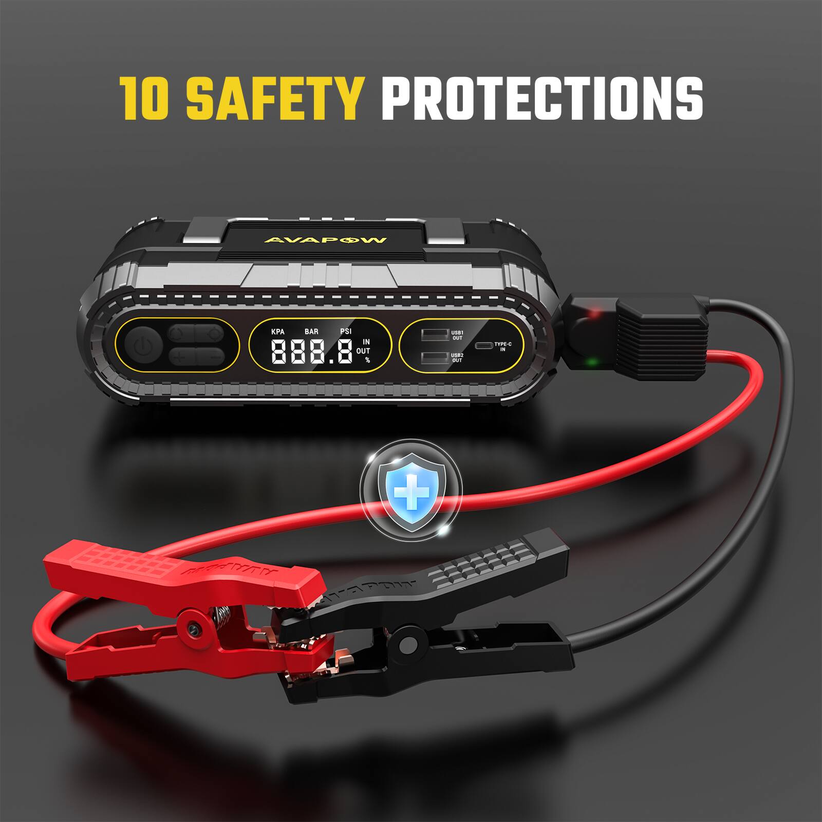 10 SAFETY PROTECTIONS

AVAPOW

KPA BAR PSI
888.8 IN OUT

USB IN USB OUT
TYPE-C IN TYPE-C OUT