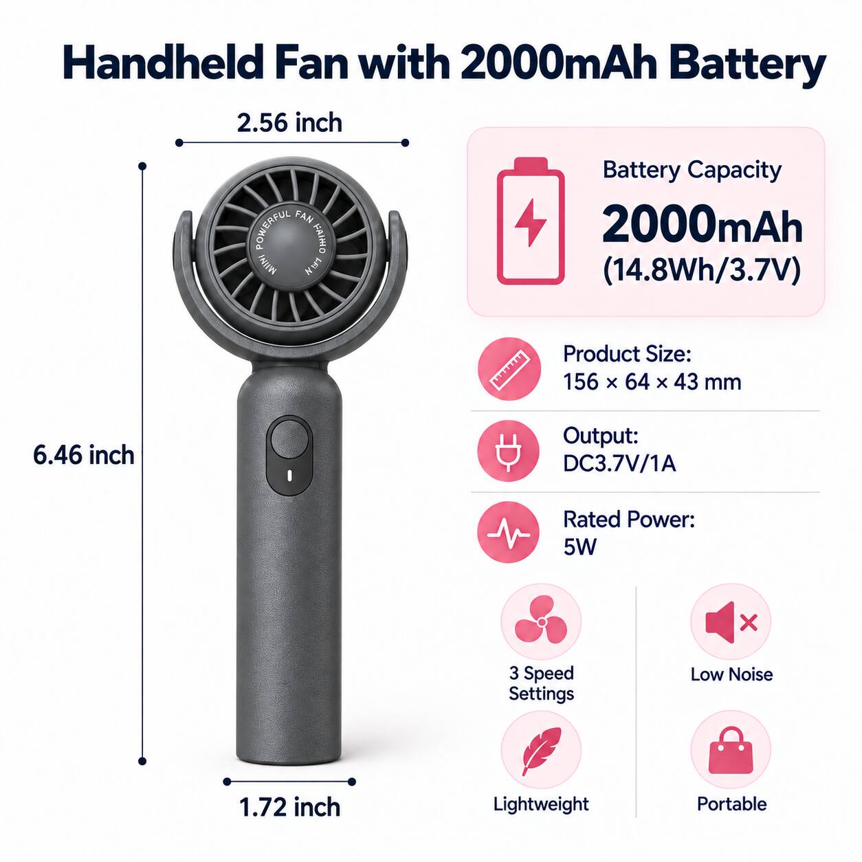 Handheld Fan with 2000mAh Battery

2.56 inch

Battery Capacity 2000mAh (14.8Wh/3.7V)

Product Size: 156 x 64 x 43 mm

6.46 inch

Output: DC3.7V/1A

Rated Power: 5W

3 Speed Settings

Low Noise

1.72 inch

Lightweight

Portable