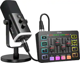 FIFINE - Gaming Mic & Audio Mixer Set, XLR/USB Dynamic Microphone for Podcast/Voice Video, RGB Fade Gaming Lighting - Black