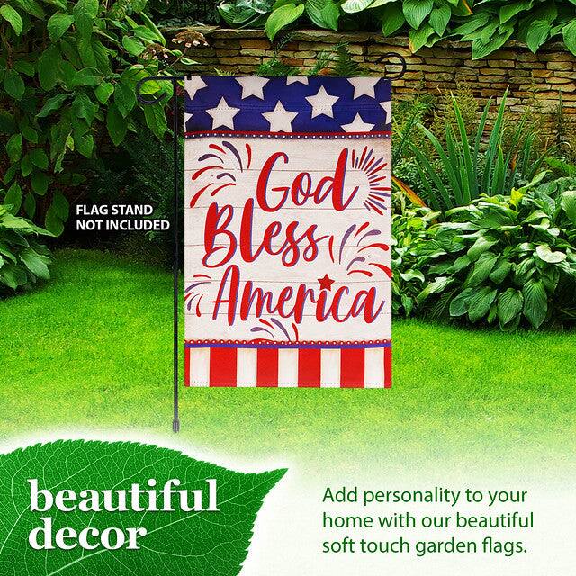 FLAG STAND NOT INCLUDED  
God Bless America  

beautiful decor  

Add personality to your home with our beautiful soft touch garden flags.