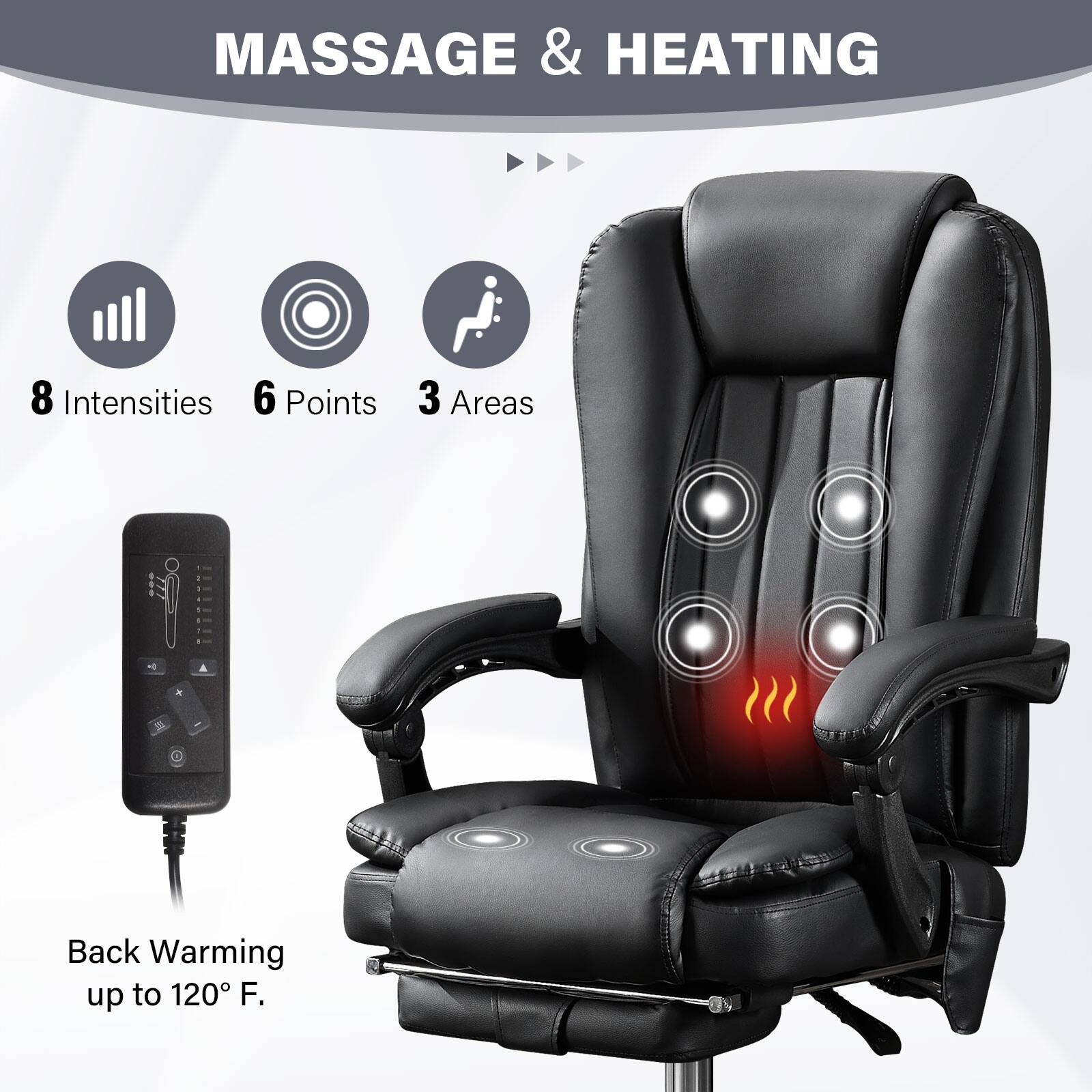 MASSAGE & HEATING

8 Intensities  
6 Points  
3 Areas  

Back Warming up to 120° F.