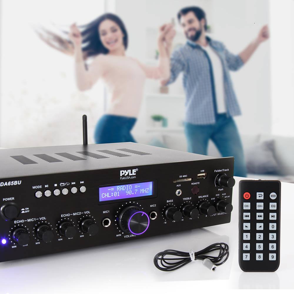PYLE  
PyleUSA.com  
DA65BU  

MODE  
CHL:01  
90.7 MHz  

POWER  
ON/OFF  

ECHO-MIC1-VOL  
ECHO-MIC2-VOL  

MIC1  
MIC2  

VOLUME  

Folden/Track  

50 MC  

REMOTE  
AUX  

PUSH  

USB  
SD/MIC  
REMOTE  
AUX  

BASS  
TREBLE  
BALANCE  
EVO  

CH- | CH+  
144  
MODE EQ HI 0  
MN - MIN MIN VOLUME  

1 2 3 4 5 6 7 8 9  

CH- | CH+  
1 2 3 4 5 6 7 8 9  

MODE  
EQ  
0  
1  
2  
3  
4  
5  
6  
7  
8  
9  

Folden/Track