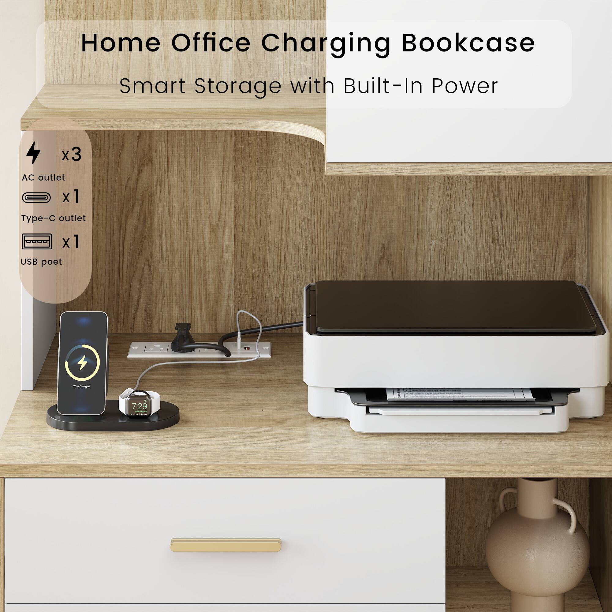 Home Office Charging Bookcase Smart Storage with Built-In Power

- AC outlet x3
- Type-C outlet x1
- USB port x1