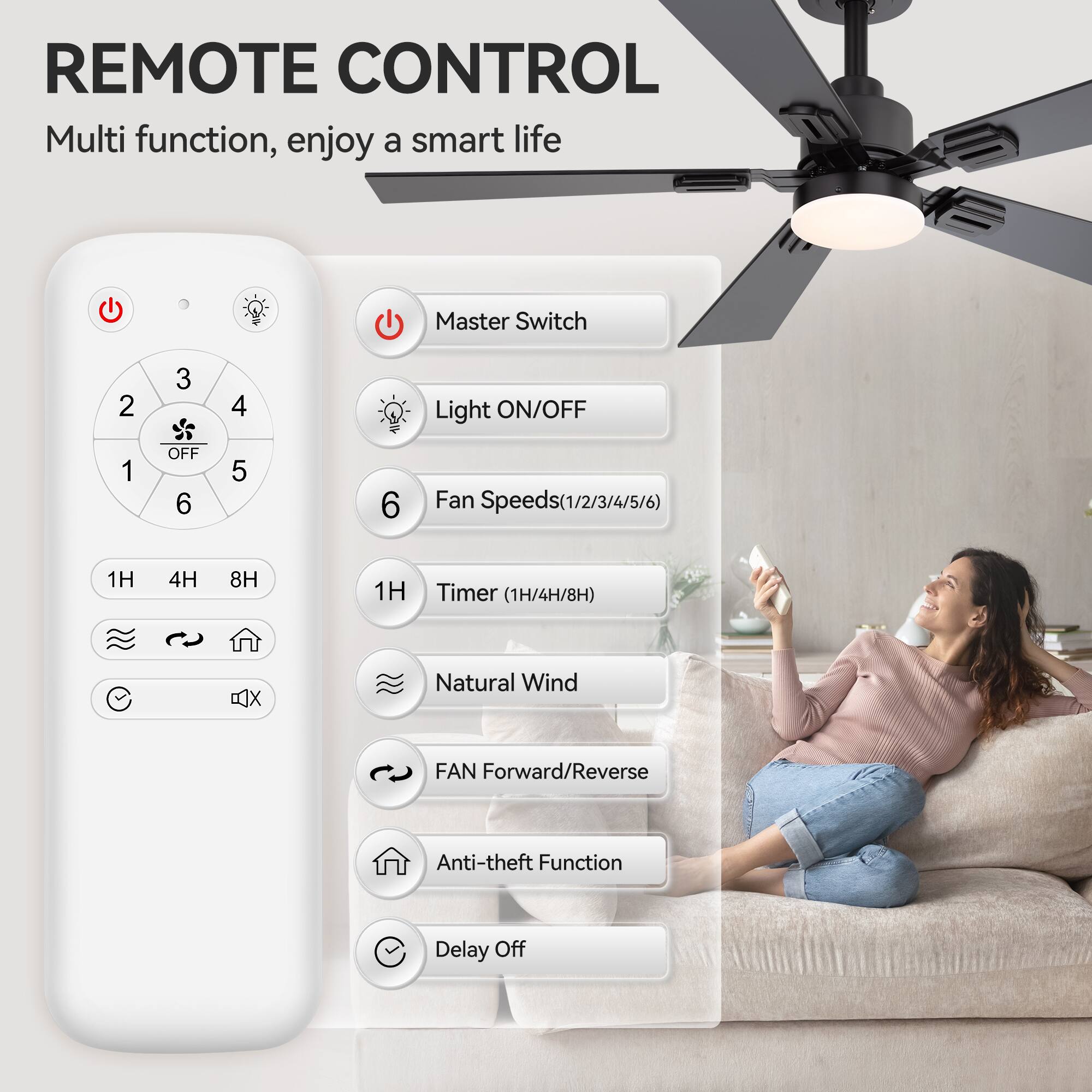 REMOTE CONTROL, Multi function, enjoy a smart life
Master Switch
Light ON/OFF
Fan Speeds(1/2/3/4/5/6)
Timer (1H/4H/8H)
Natural Wind
FAN Forward/Reverse
Anti-theft Function
Delay Off