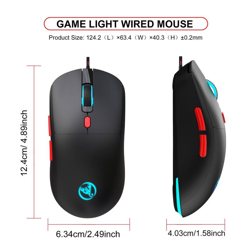 GAME LIGHT WIRED MOUSE  
Product Size: 124.2 (L) x 63.4 (W) x 40.3 (H) ±0.2mm  
4.89inch / 12.4cm / 6.34cm / 2.49inch / 4.03cm / 1.58inch