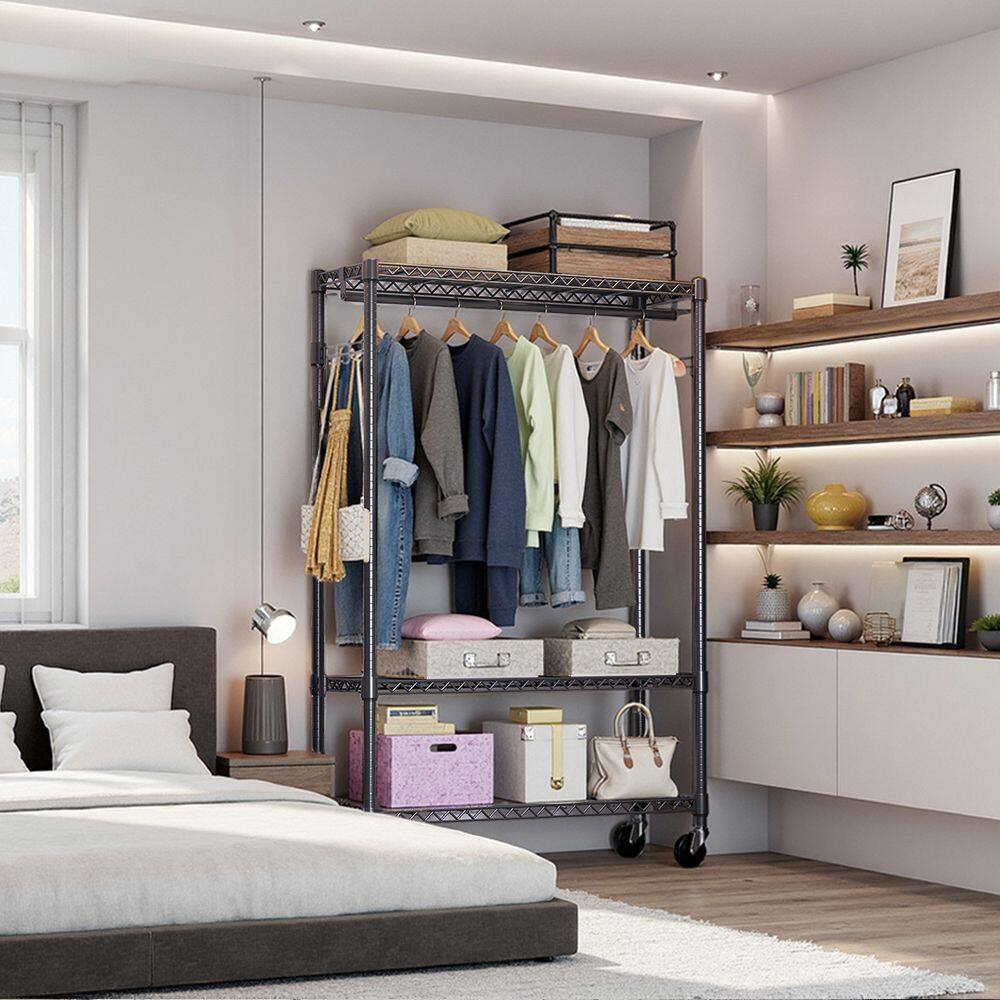 Left. Mirfee - 3-Tier Heavy Duty Rolling Garment Rack, 75.6" H Black Chrome Clothes Rack with Wheels - Black.