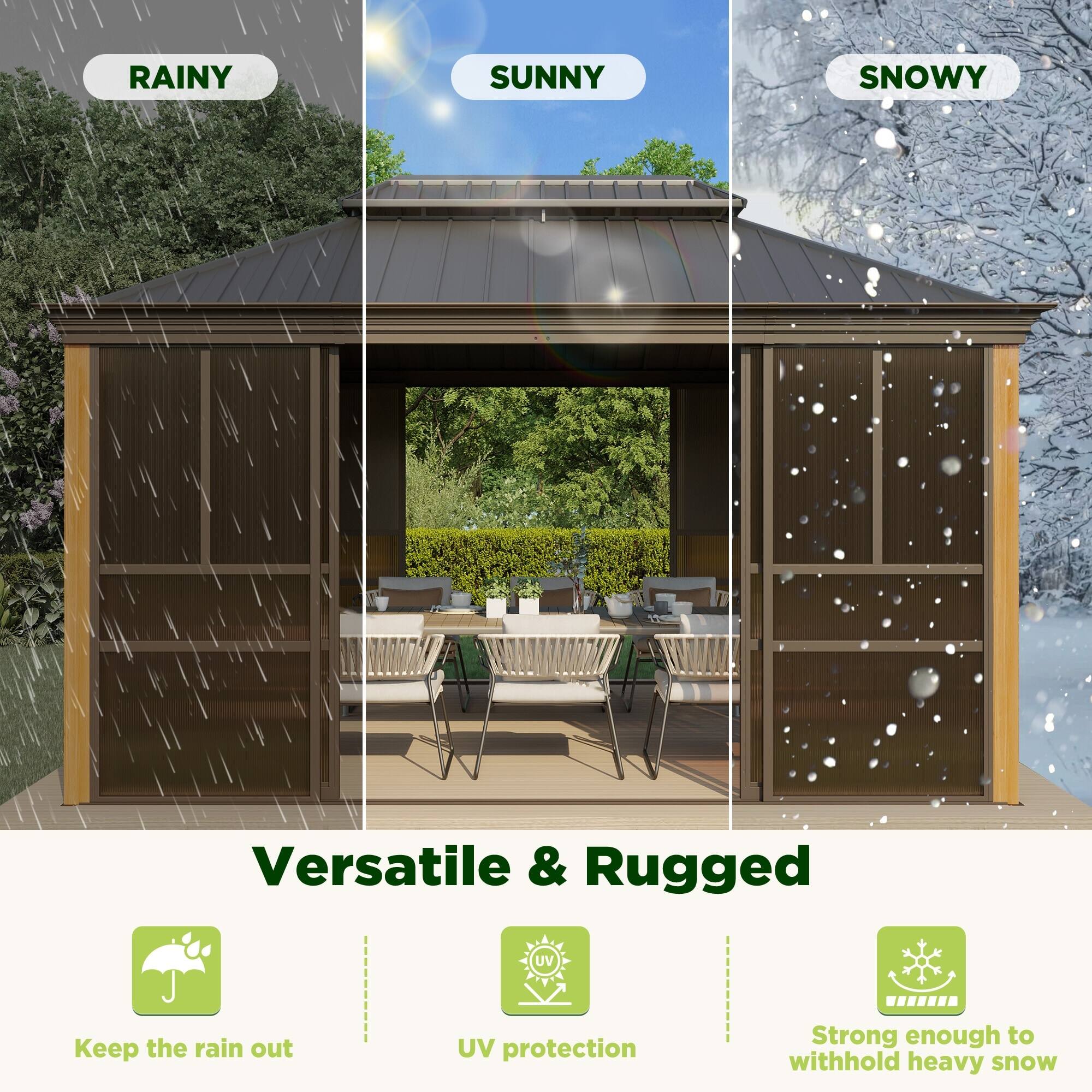 RAINY  
SUNNY  
SNOWY  

Versatile & Rugged  

Keep the rain out  
UV protection  
Strong enough to withhold heavy snow