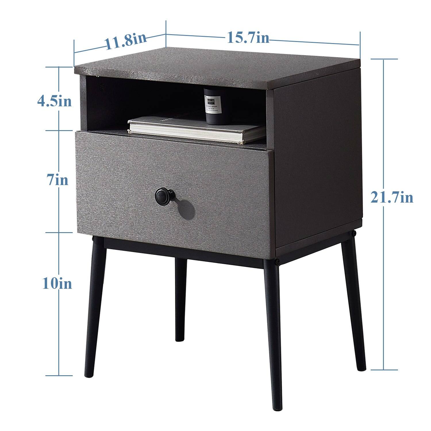 - Width: 15.7 in
- Depth: 11.8 in
- Height: 21.7 in
- Drawer Height: 7 in
- Shelf Height: 4.5 in
- Overall Height: 10 in