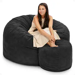 Ultimate Sack - 5ft Bean Bag Chair and Footstool, Oversized Lounger, Suede - Black