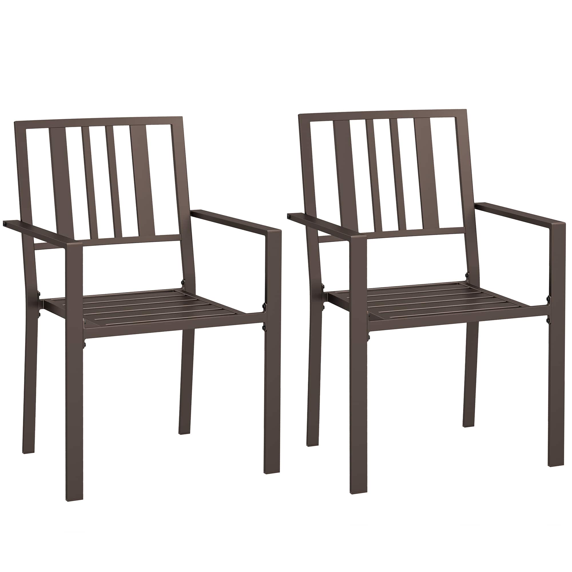 Outsunny - Set of 2 Patio Dining Chairs, Stackable Outdoor Garden Bistro Chairs with Metal Slatted Seat & Backrest for Yard - Brown