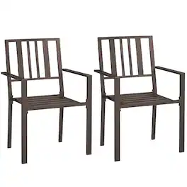 Outsunny - Set of 2 Patio Dining Chairs, Stackable Outdoor Garden Bistro Chairs with Metal Slatted Seat & Backrest for Yard - Brown