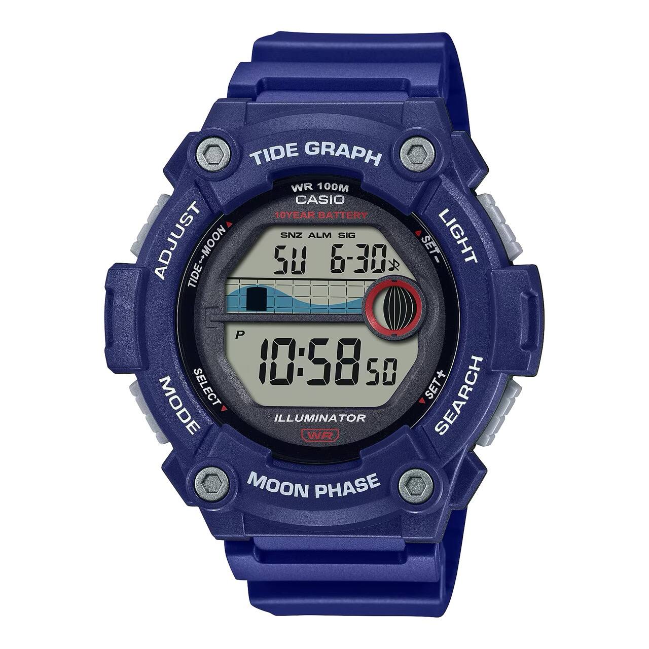TIDE GRAPH  
WR 100M  
CASIO  
10 YEAR BATTERY  
SNZ ALM SIG  
LIGHT  
SEARCH  
ILLUMINATOR  
MOON PHASE  
ADJUST  
TIDE-MOON  
SET-  
P  
10:58  
50  
6-30  
SET+  
MODE SELECT  
SEARCH  
ILLUMINATOR  
WR MOON PHASE