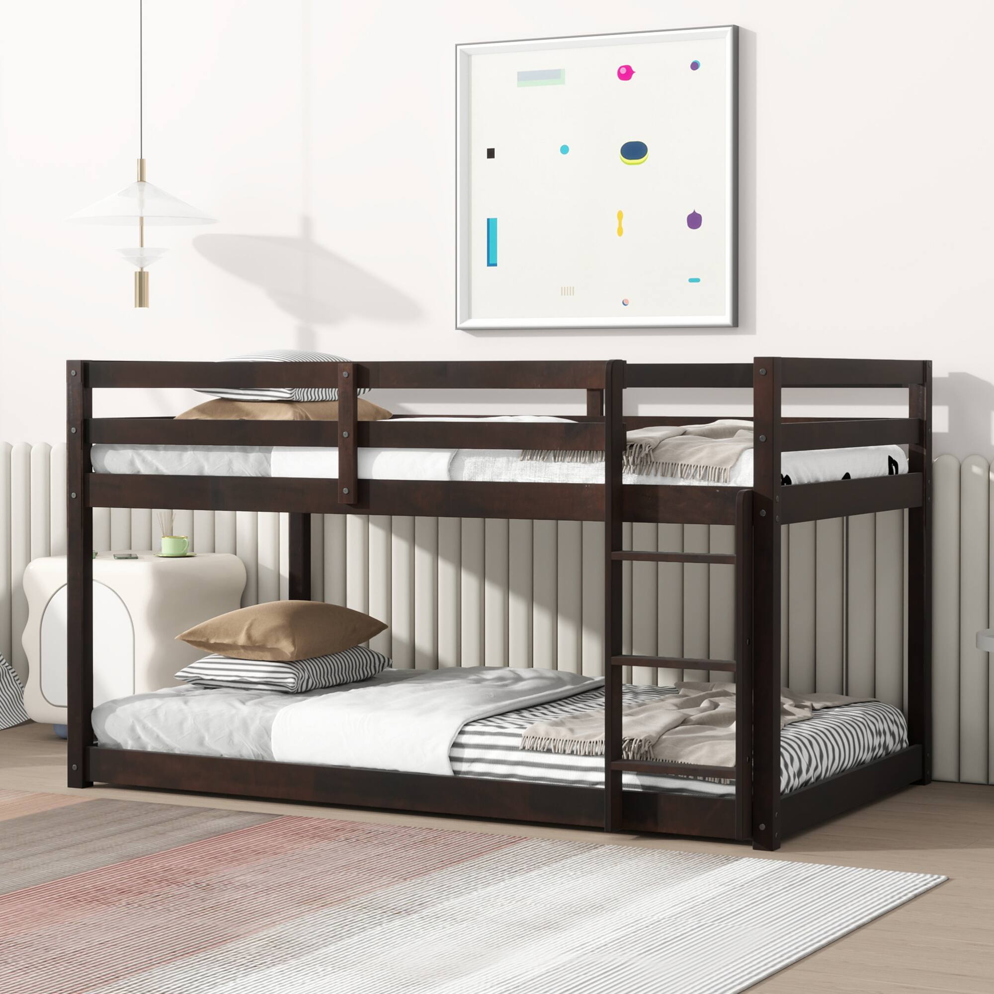 Alt View 6. GOODSILO - Solid Wood Twin Over Twin Floor Bunk Bed with Ladder and Strengthened Slats for Enhanced Stability - Espresso.