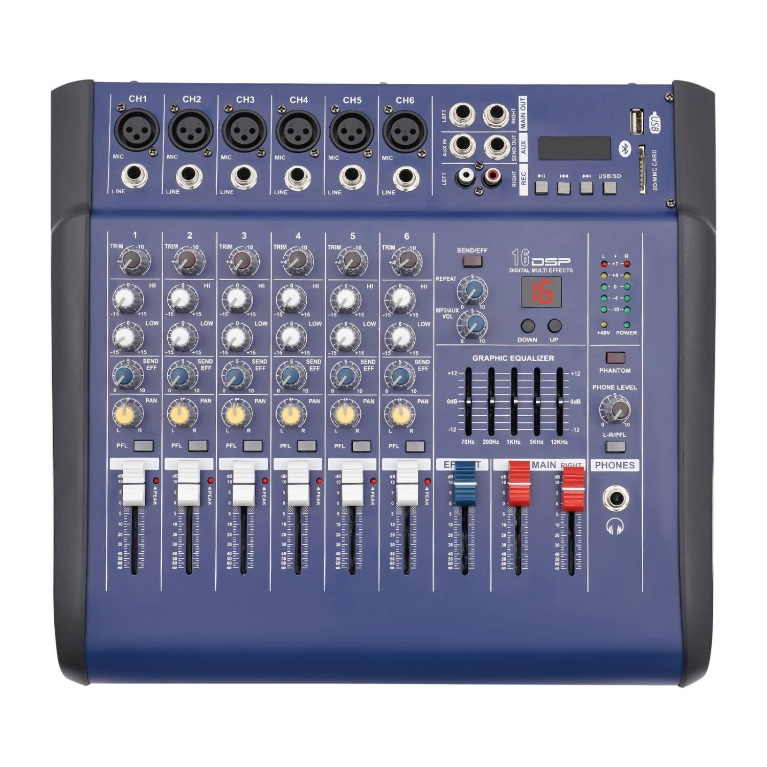 Stock Preferred - 6-Channel Bluetooth Audio Mixer DJ Studio Console with USB/SD Inputs - Black