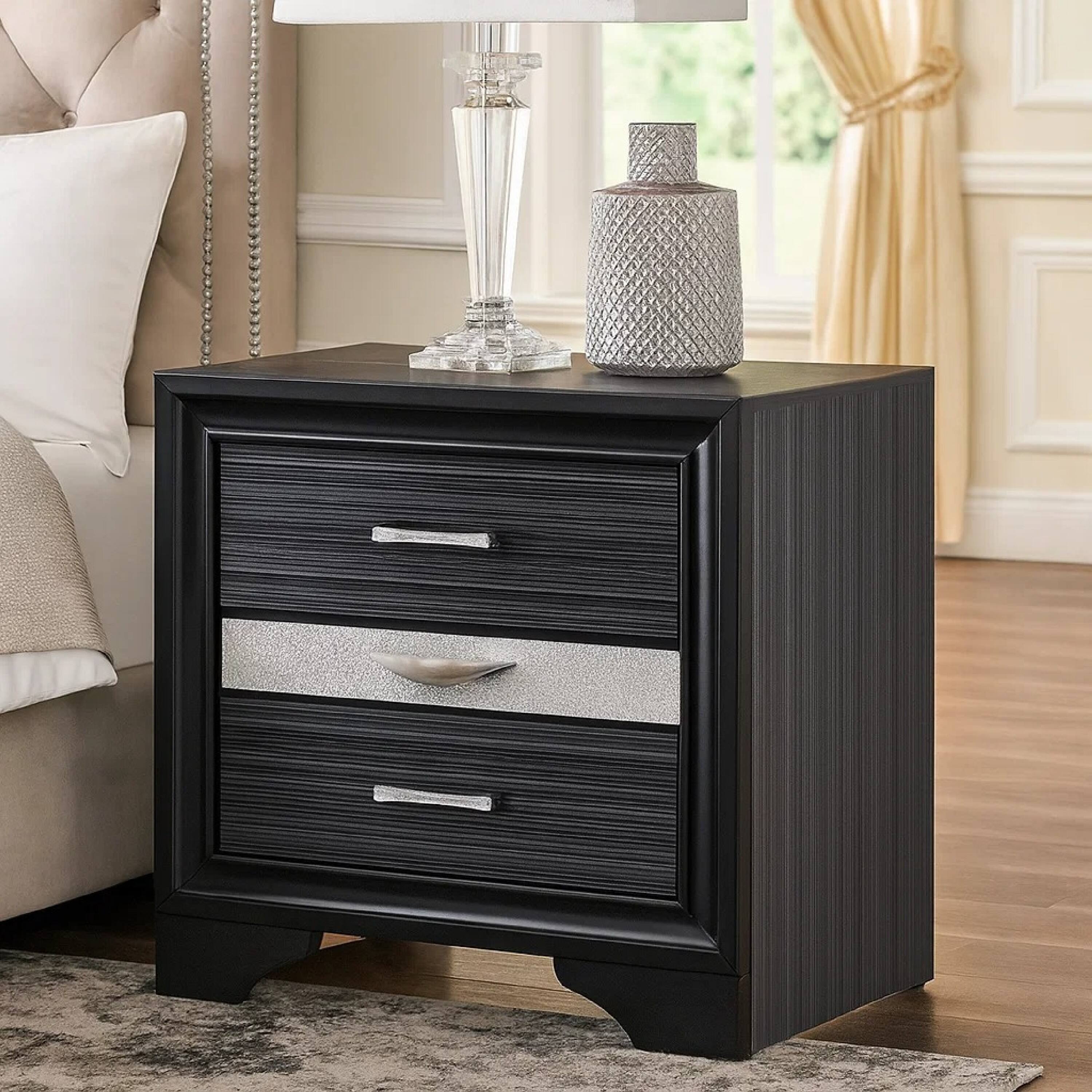 Alt View 6. Manhattan Lane - Two Tone Wooden Nightstand With Three Drawers - Black, Silver.