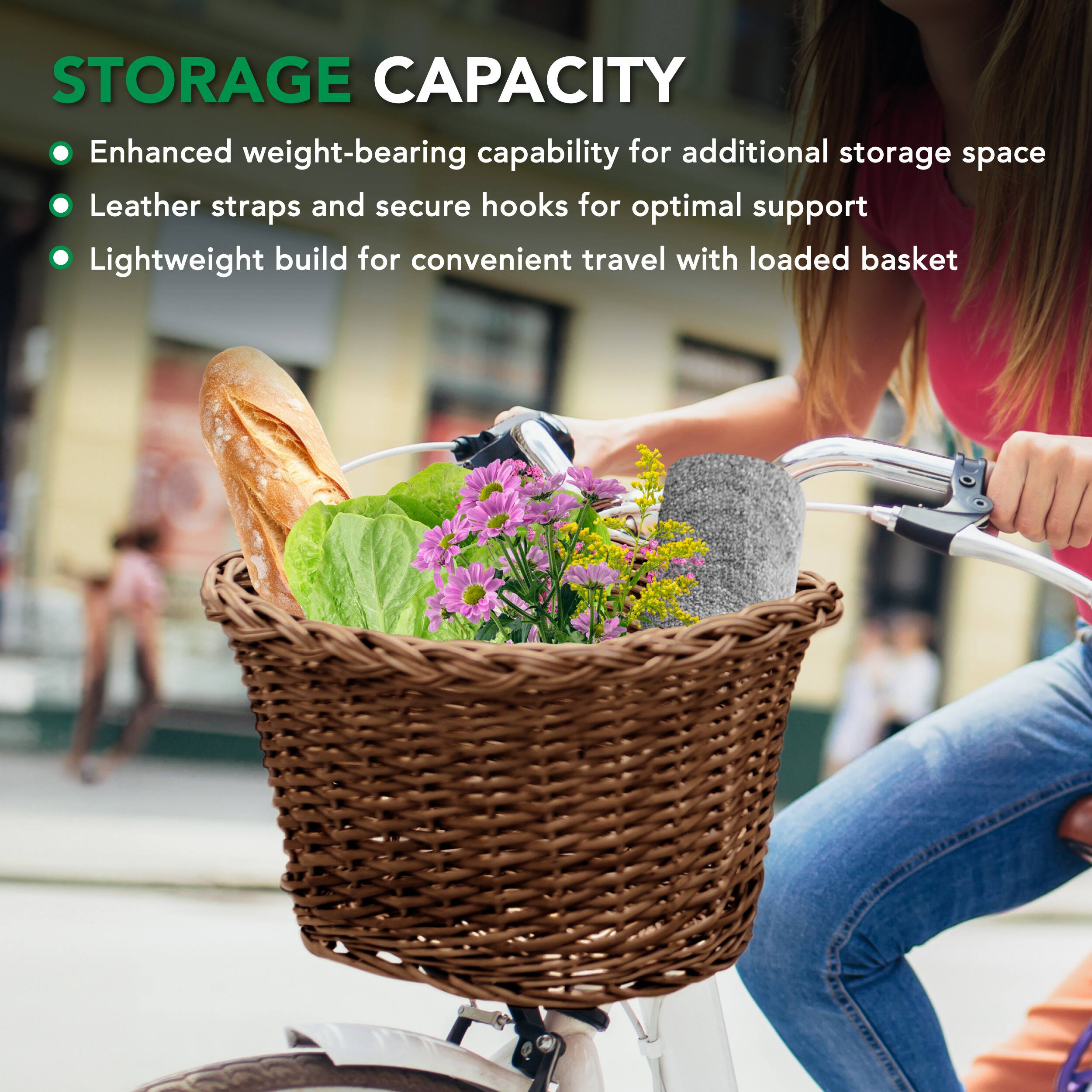 STORAGE CAPACITY

- Enhanced weight-bearing capability for additional storage space
- Leather straps and secure hooks for optimal support
- Lightweight build for convenient travel with loaded basket
