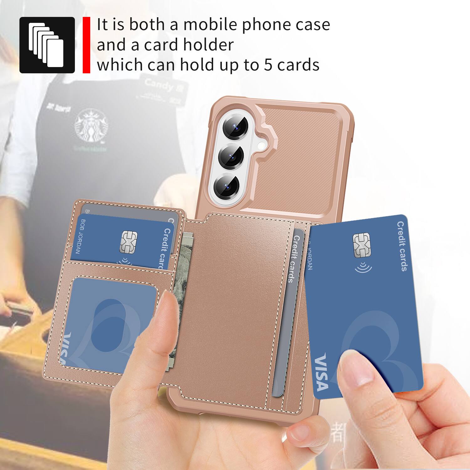 It is both a mobile phone case and a card holder which can hold up to 5 cards.