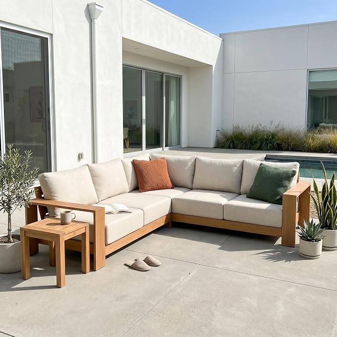 Left. Acanva - Acanva Ciela L-Shaped Aluminum Outdoor Patio Sofa - Beige + Oak wood grain.