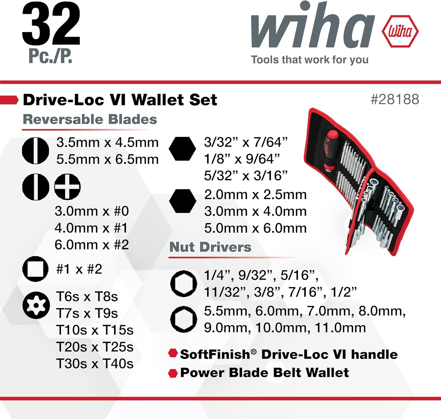 32 Pc./P. Wiha Tools that work for you Drive-Loc VI Wallet Set Reversible Blades #28188

- 3.5mm x 4.5mm
- 5.5mm x 6.5mm
- 3/32" x 7/64"
- 1/8" x 9/64"
- 5/32" x 3/16"
- 2.0mm x 2.5mm
- 3.0mm x #0
- 4.0mm x #1
- 5.0mm x #2
- 6.0mm x #2

Nut Drivers
- #1 x #2
- T6s x T8s
- T7s x T9s
- T10s x T15s
- T20s x T25s
- T30s x T40s

- 1/4", 9/32", 5/16", 11/32", 3/8", 7/16", 1/2"
- 5.5
