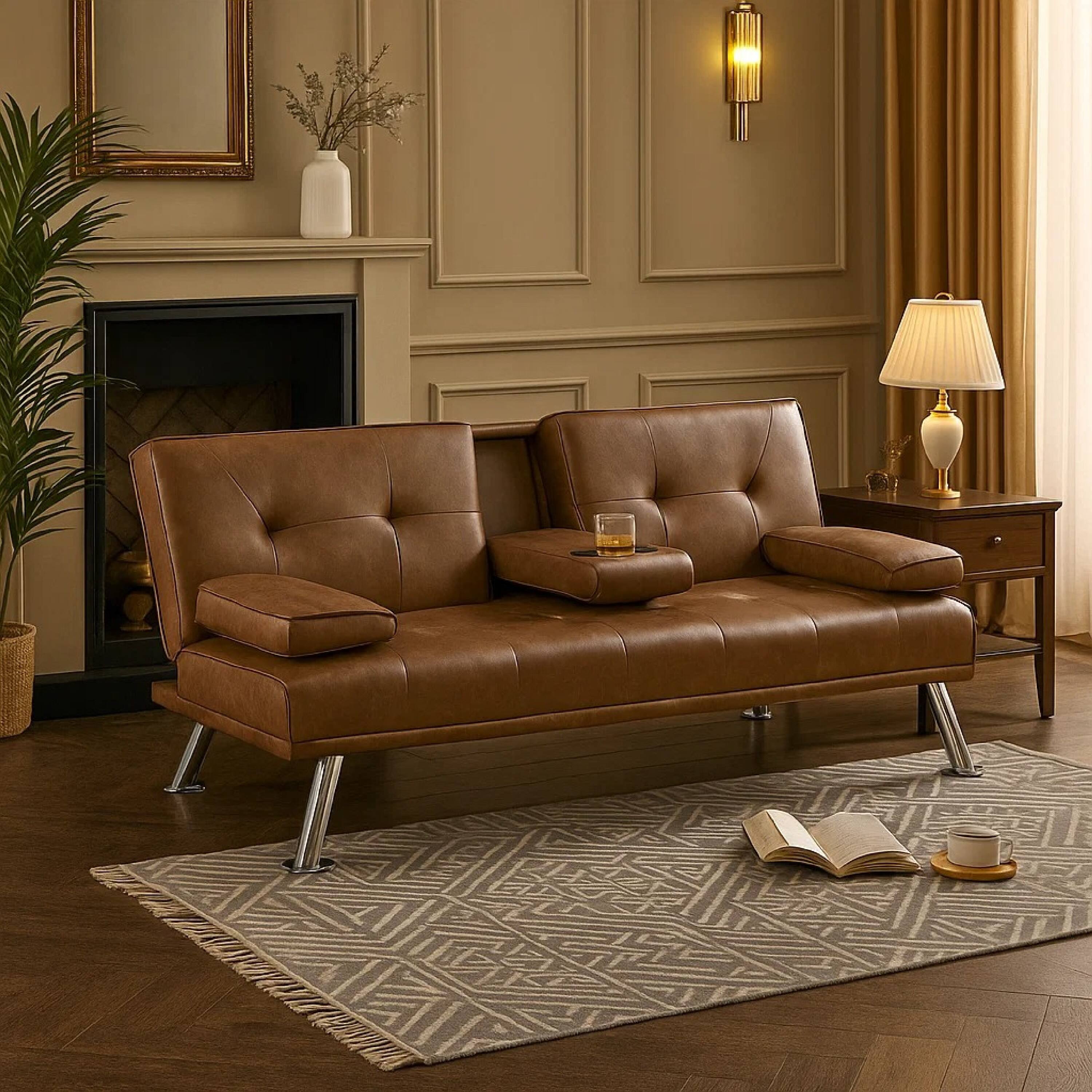 Alt View 6. Manhattan Lane - Gary Convertible Sofa with Fold-Down Table, Metal, Faux Leather - Brown, Chrome.