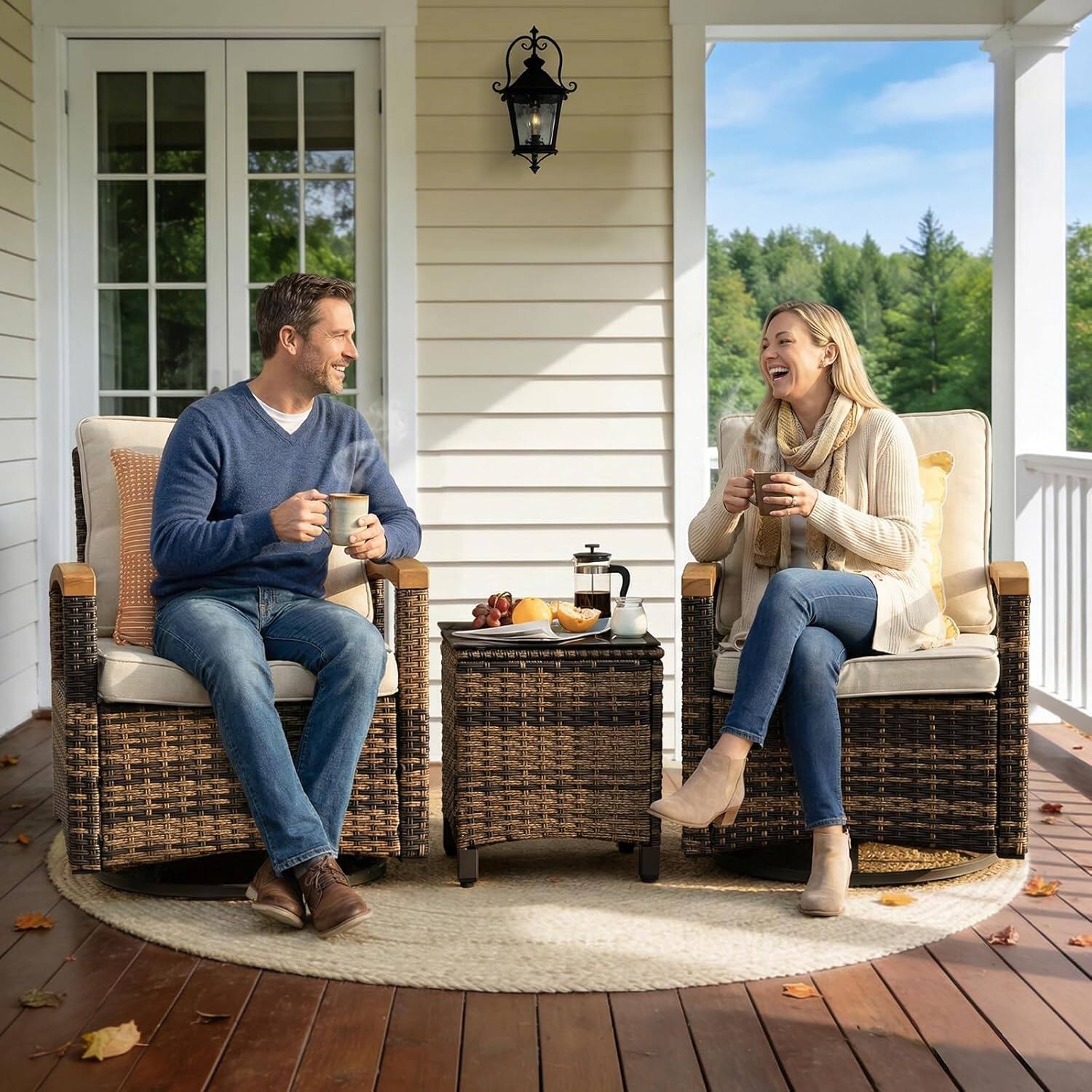 Back. Yardgrace - 3-Piece Outdoor Swivel Rocking Chairs Set, 360° Patio Furniture with Wood Armrests & Side Table for Deck Yard Poolside - Brown.